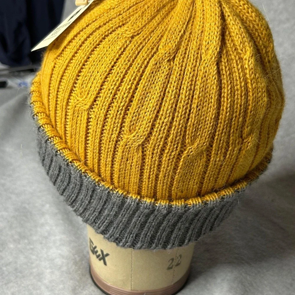 Peruvian Soul Baby Alpaca Beanie Hat Reversible Gray Yellow Ribbed‎ Knit Winter